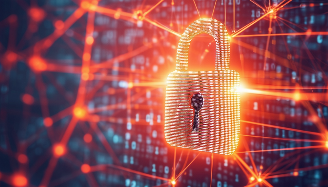 An illustration of a padlock over a digital networ